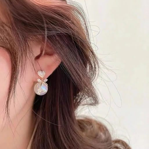 Crystal Heart & Bow Pearl Drop Earrings