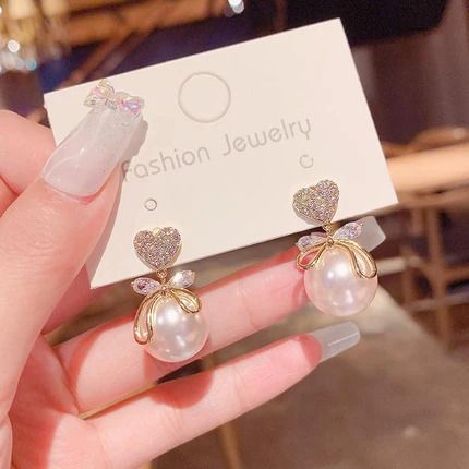 Crystal Heart & Bow Pearl Drop Earrings