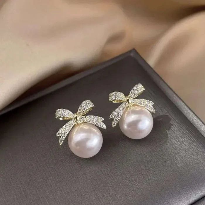The Heirloom Ribbon: Pavé Diamond-Simulated Bow & South Sea Style Pearl Studs