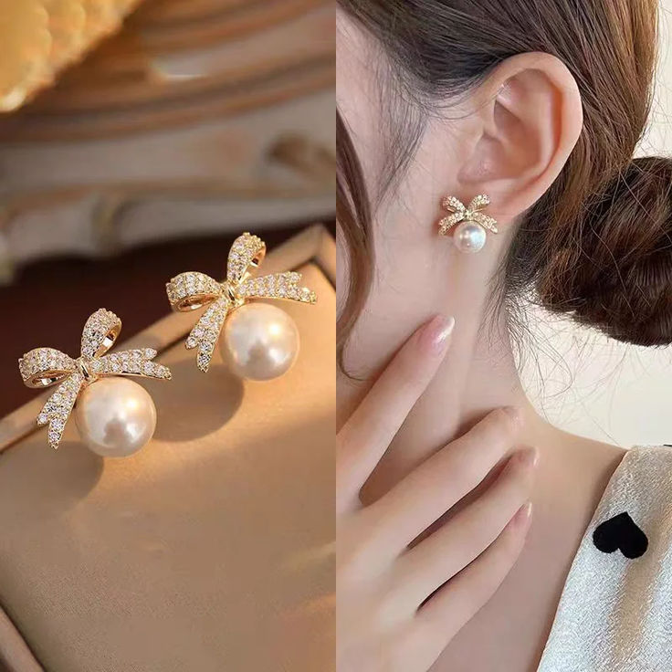 The Heirloom Ribbon: Pavé Diamond-Simulated Bow & South Sea Style Pearl Studs
