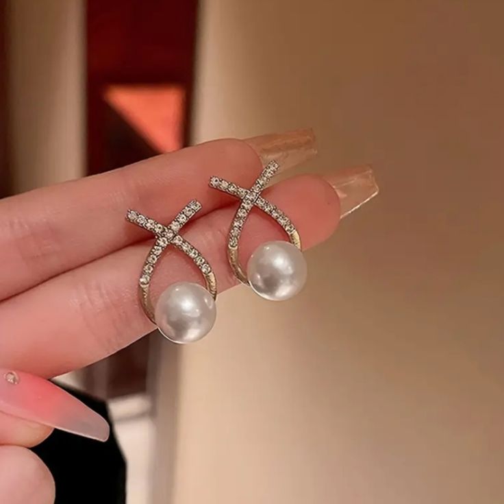 The Midnight Gala: Pavé Crystal Cross & Lustrous Pearl Drop Studs