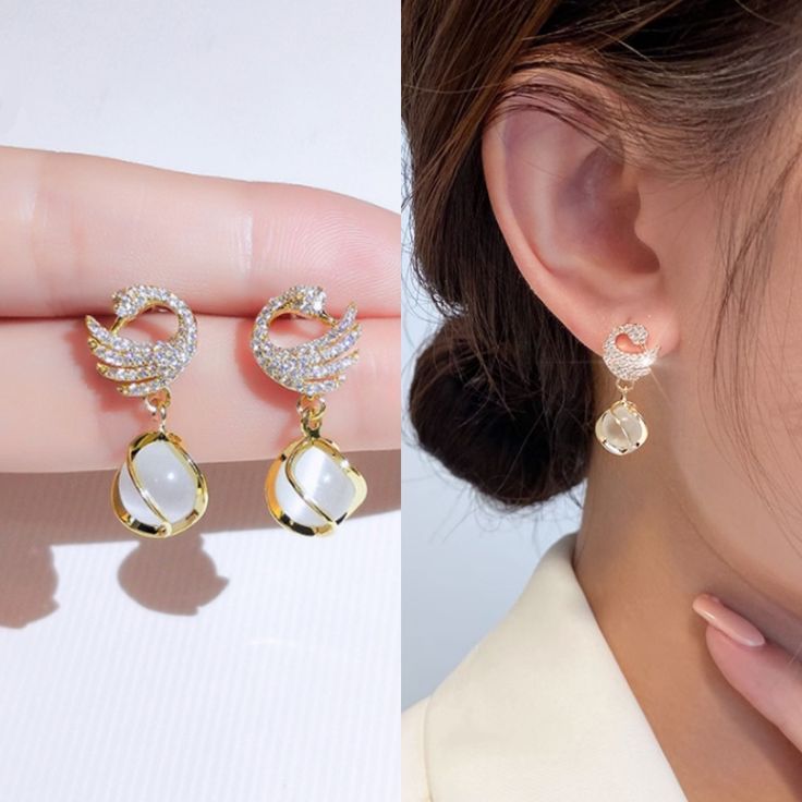 The Swan Serenade: Pavé Crystal & Luminous Opaline Drop Earrings