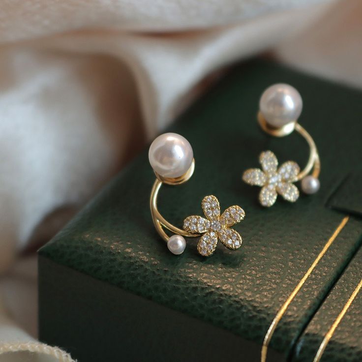 The Midnight Blossom: Gilded Pavé Floral & Dual-Pearl Ear Jackets