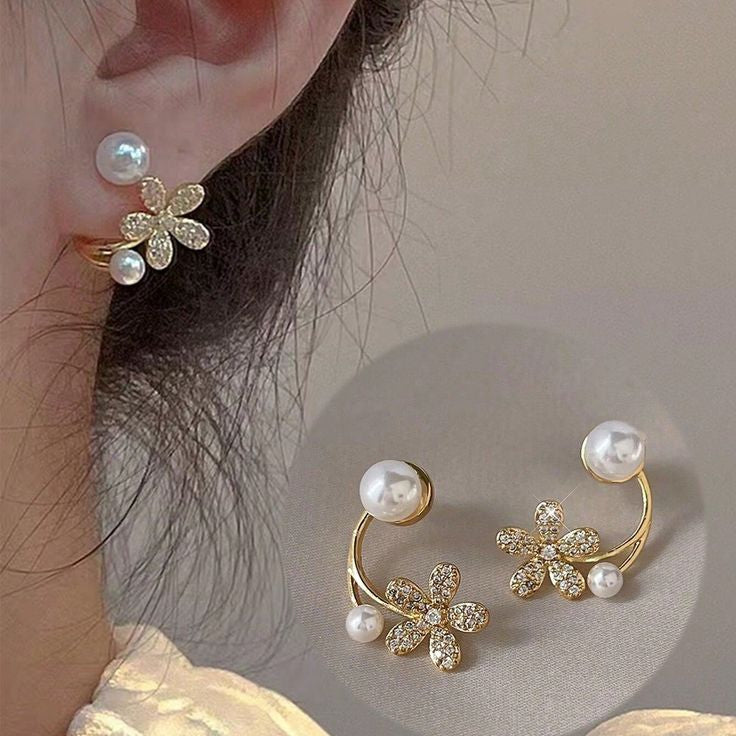 The Midnight Blossom: Gilded Pavé Floral & Dual-Pearl Ear Jackets