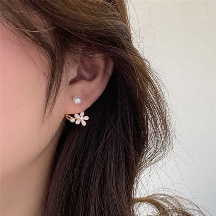 The Midnight Blossom: Gilded Pavé Floral & Dual-Pearl Ear Jackets