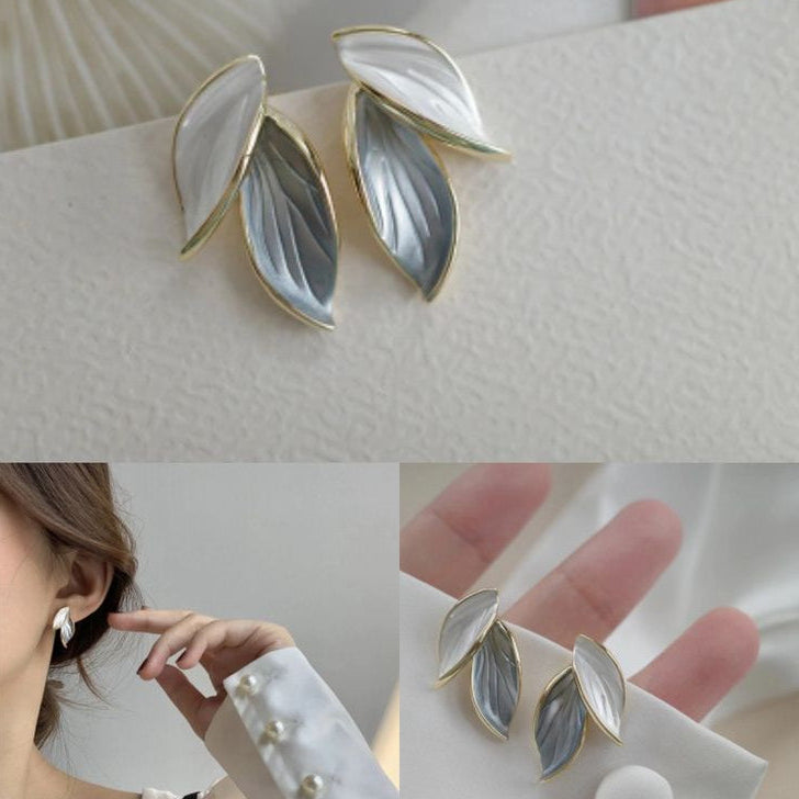 The Verdant Muse: Gilded Dual-Leaf Enamel Studs