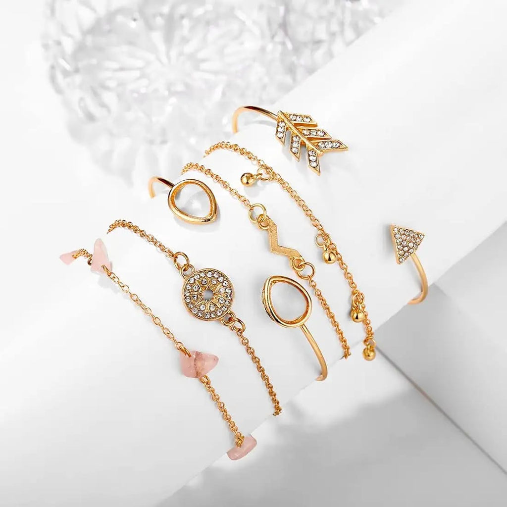 Boho Gold Charm Bracelet Set – 6PCS Minimalist Crystal & Stone Stackable Bracelets