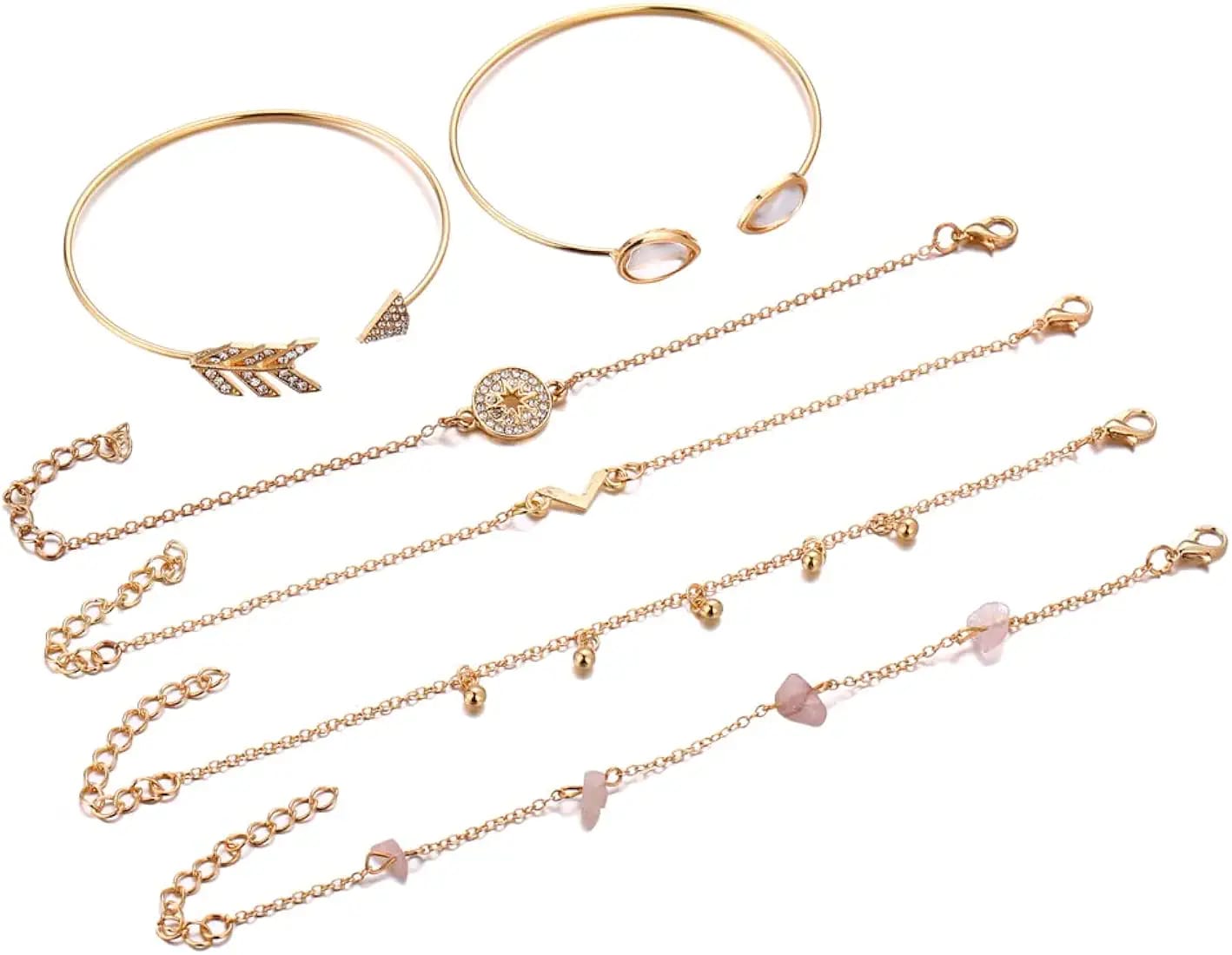 Boho Gold Charm Bracelet Set – 6PCS Minimalist Crystal & Stone Stackable Bracelets