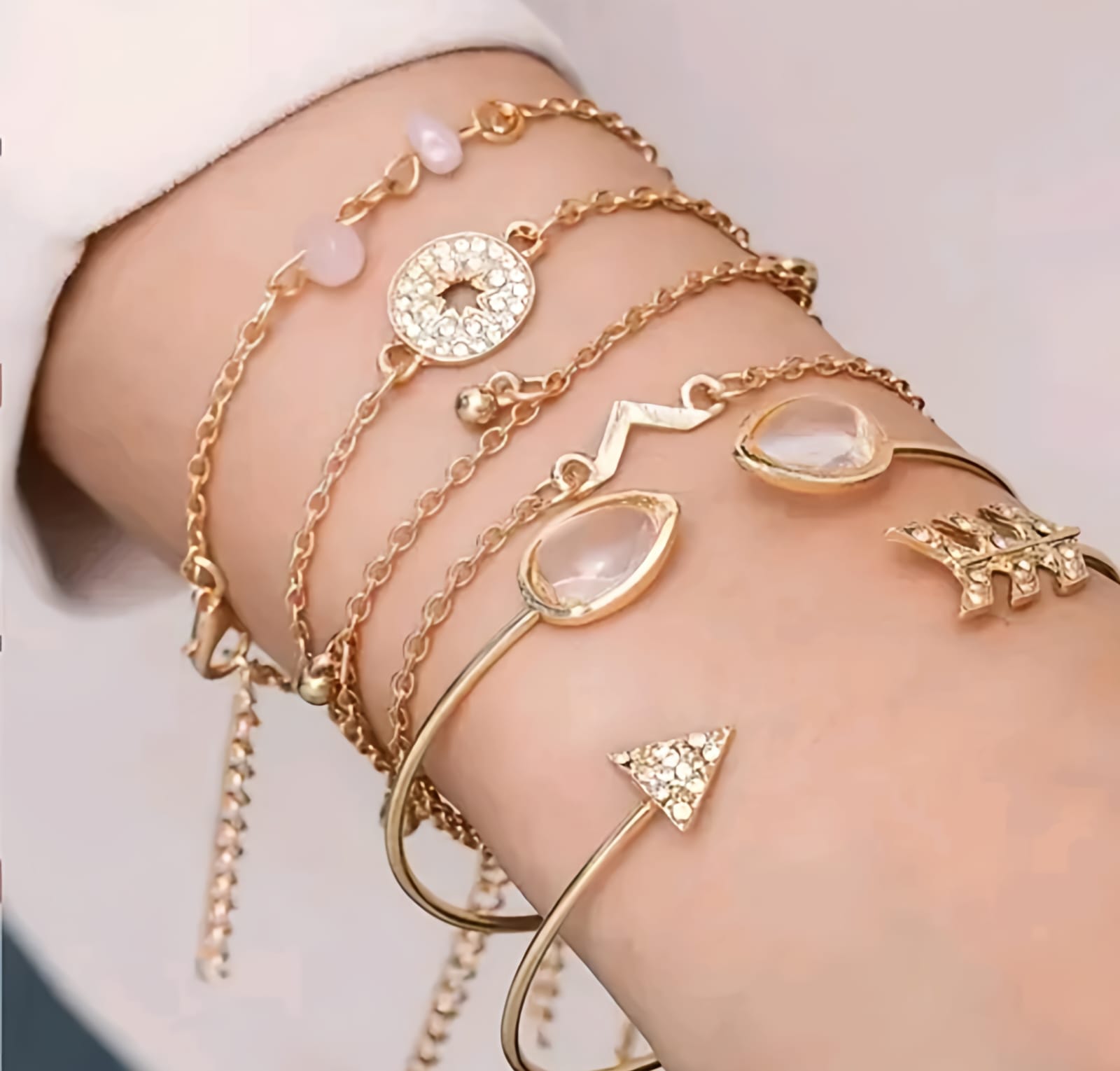 Boho Gold Charm Bracelet Set – 6PCS Minimalist Crystal & Stone Stackable Bracelets
