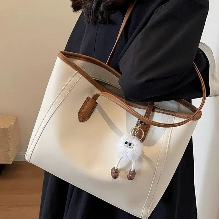 The Parisian Contrast Tote – Two-Tone Large Shoulder Bag with Charm