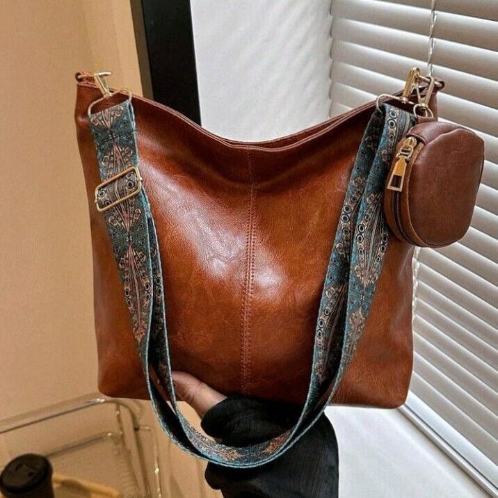 Artisan Crossbody Satchel – Textured Vegan Leather with Embroidered Strap