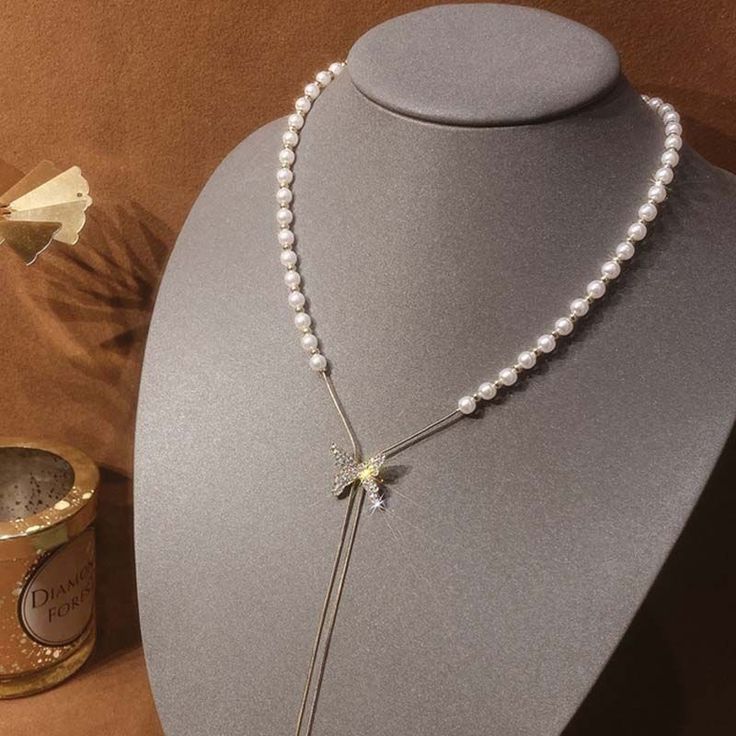 Elegant Pearl Butterfly Pendant Necklace – Luxury Y-Shaped Gold Chain for Women