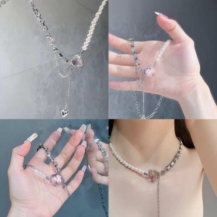 Korean Pearl Heart Drop Necklace – Asymmetrical Chain Choker for Women