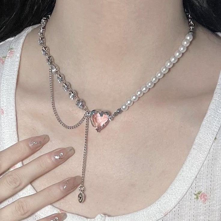 Korean Pearl Heart Drop Necklace – Asymmetrical Chain Choker for Women