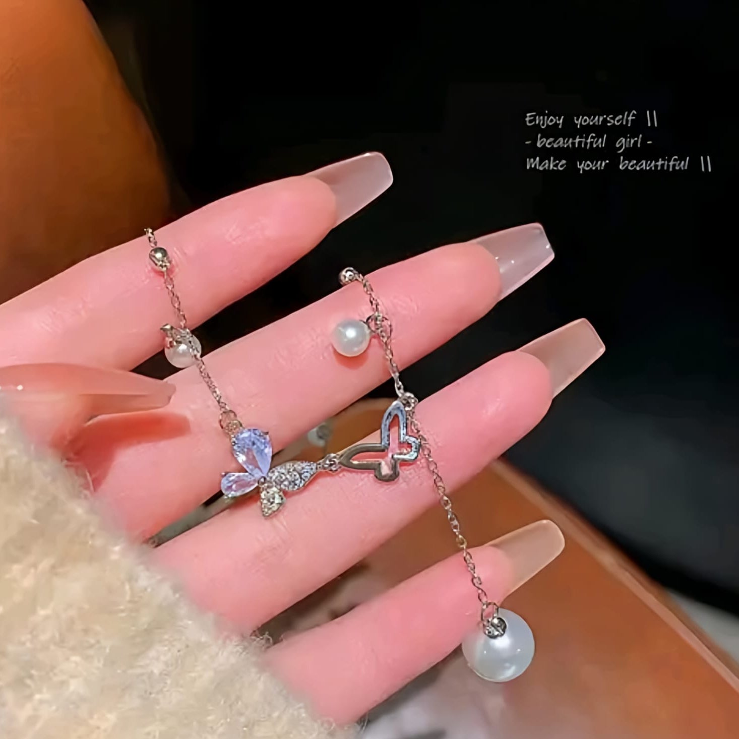 Ethereal Butterfly & Pearl Drop Necklace – Dainty Y-Lariat Choker in Silver