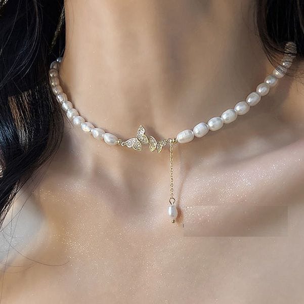 Vintage Butterfly & Pearl Choker – Gold Pavé Butterfly Drop Necklace