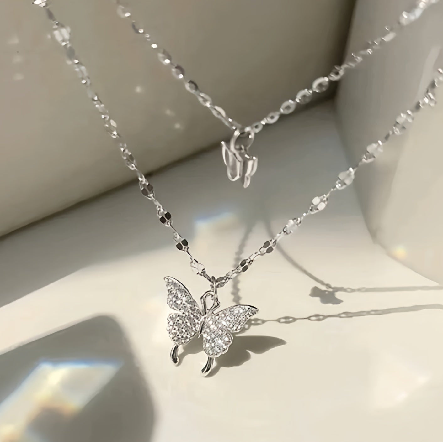 Sparkling Double-Layer Butterfly Choker – Silver Layered Statement Necklace