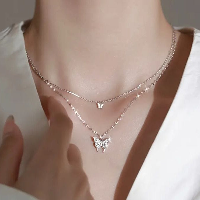 Sparkling Double-Layer Butterfly Choker – Silver Layered Statement Necklace