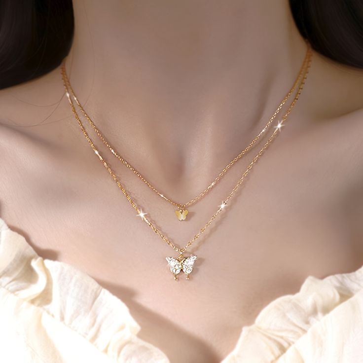 Sparkling Double-Layer Butterfly Choker – Silver Layered Statement Necklace