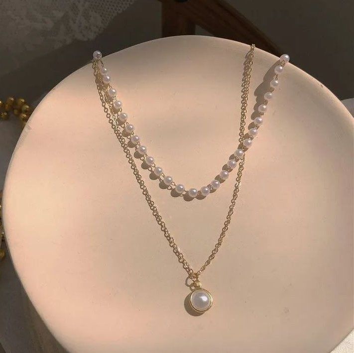Vintage Gold & Pearl Layered Set – Double Chain Pearl Pendant Necklace