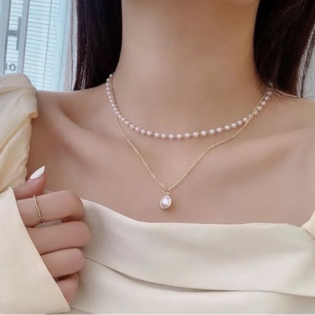 Vintage Gold & Pearl Layered Set – Double Chain Pearl Pendant Necklace