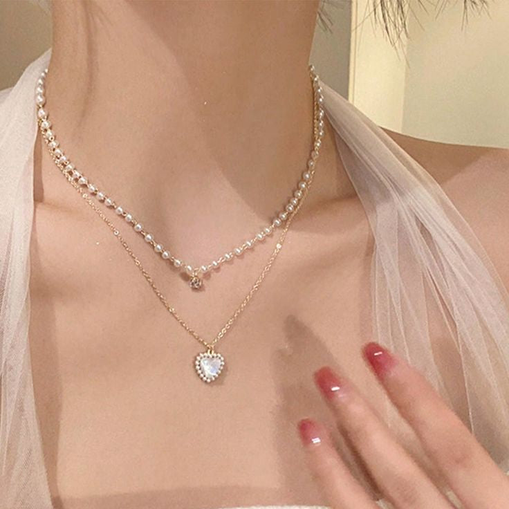 Sweetheart Pearl Layered Choker – Gold Heart & Crystal Dainty Duo