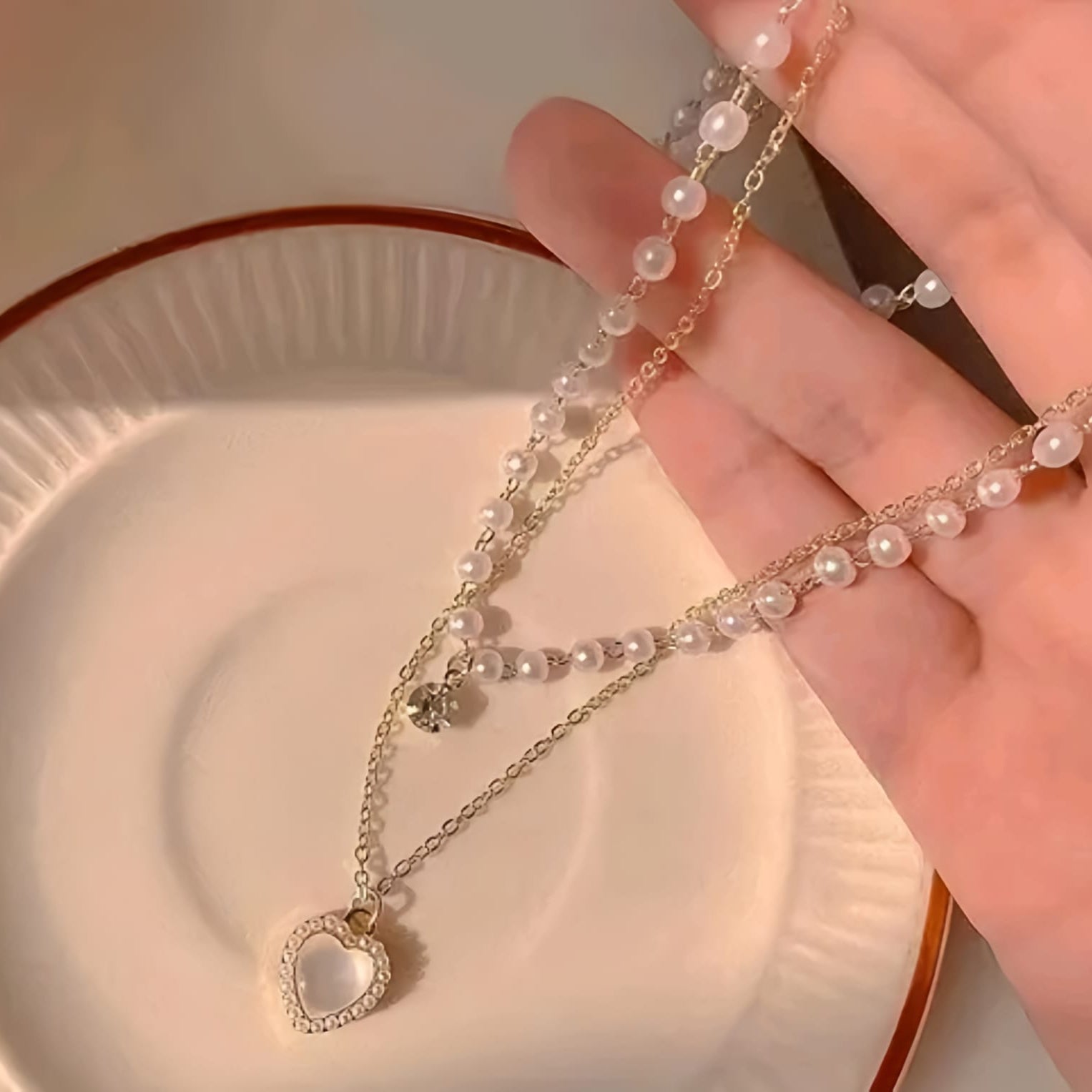 Sweetheart Pearl Layered Choker – Gold Heart & Crystal Dainty Duo