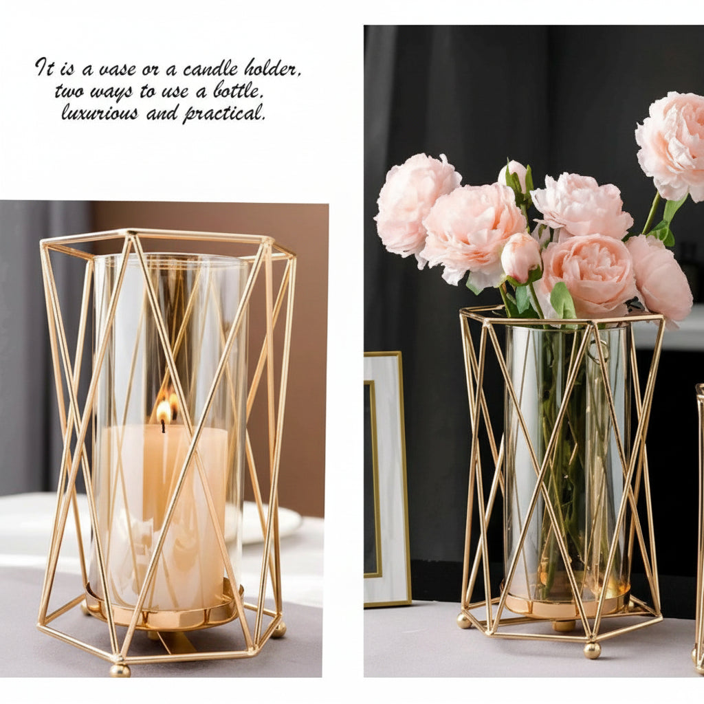 Geometric Luminary – Dual-Purpose Gold Wire Vase & Hurricane Candle Holder
