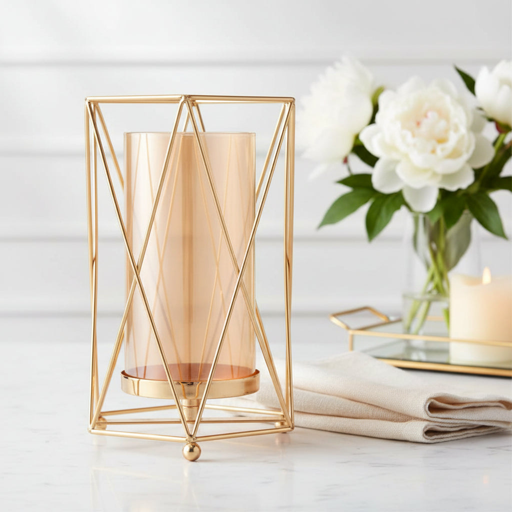 Geometric Luminary – Dual-Purpose Gold Wire Vase & Hurricane Candle Holder