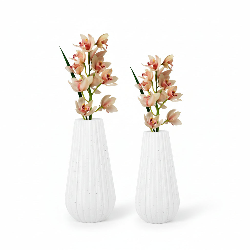Pearl Ribbed – Minimalist Matte White Textured Ceramic Floral Vase Set of 2