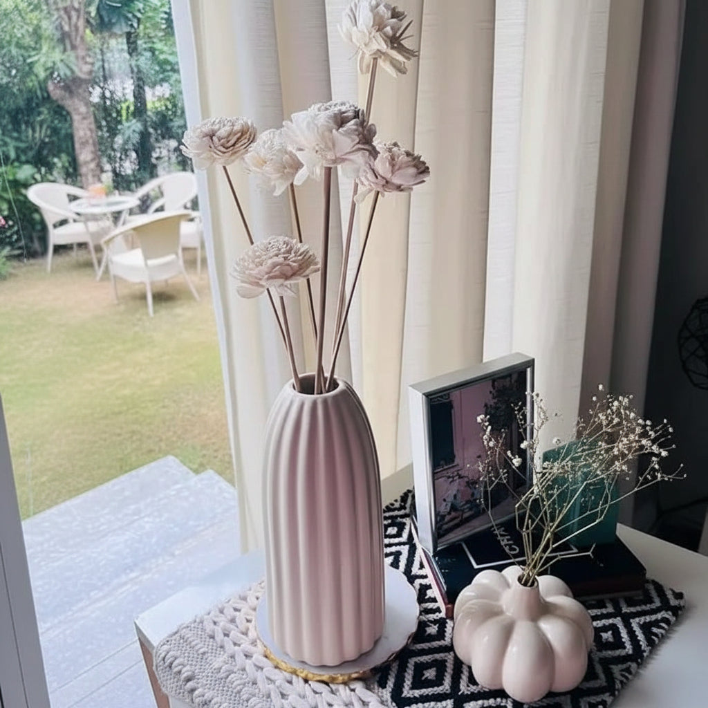 Ribbed Pillar — Elongated Fluted Ceramic Vase in Soft Cream