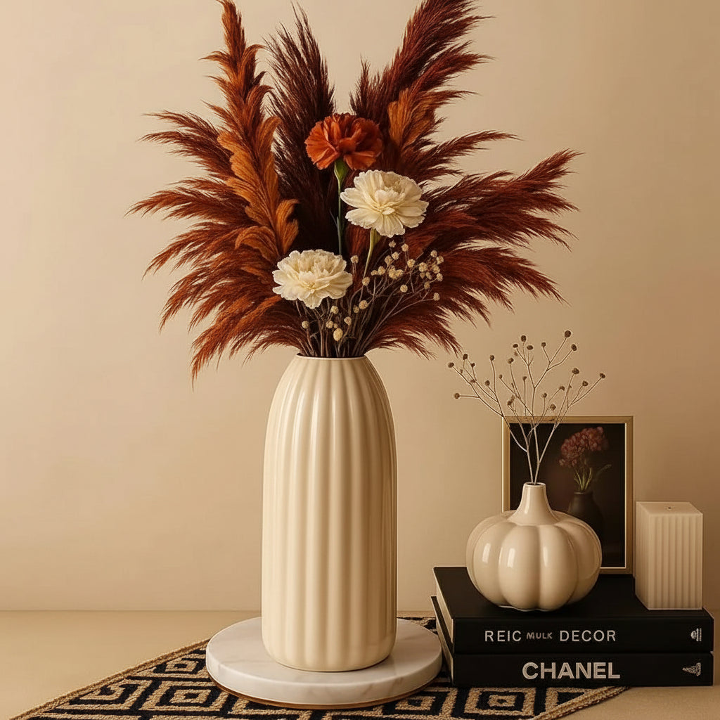 Ribbed Pillar — Elongated Fluted Ceramic Vase in Soft Cream