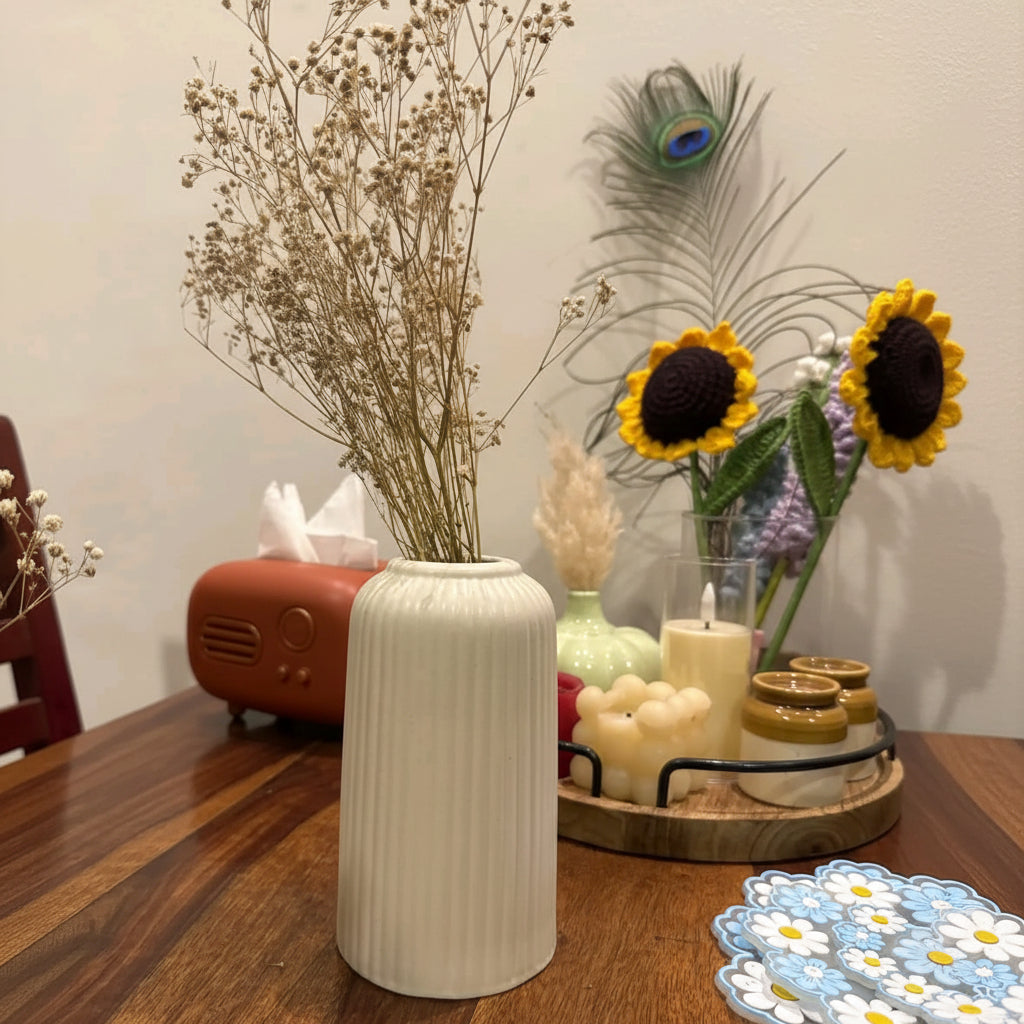 Ribbed Cylindrical — Minimalist Fluted Ceramic Bud Vase in Matte Cream