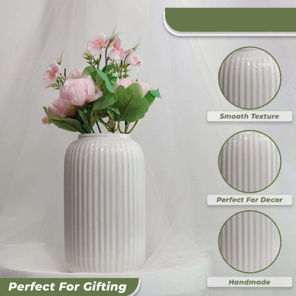 Ribbed Cylindrical — Minimalist Fluted Ceramic Bud Vase in Matte Cream