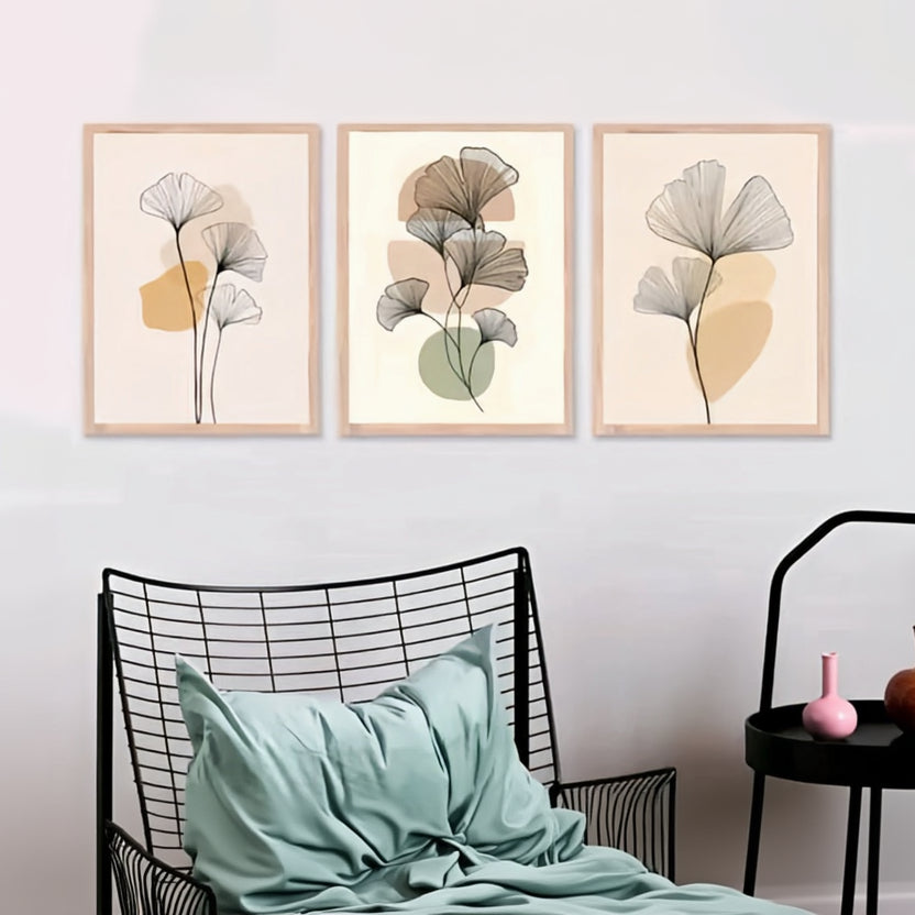 The Golden Ginkgo Triptych | Modern Boho Earthy Tones Art Set