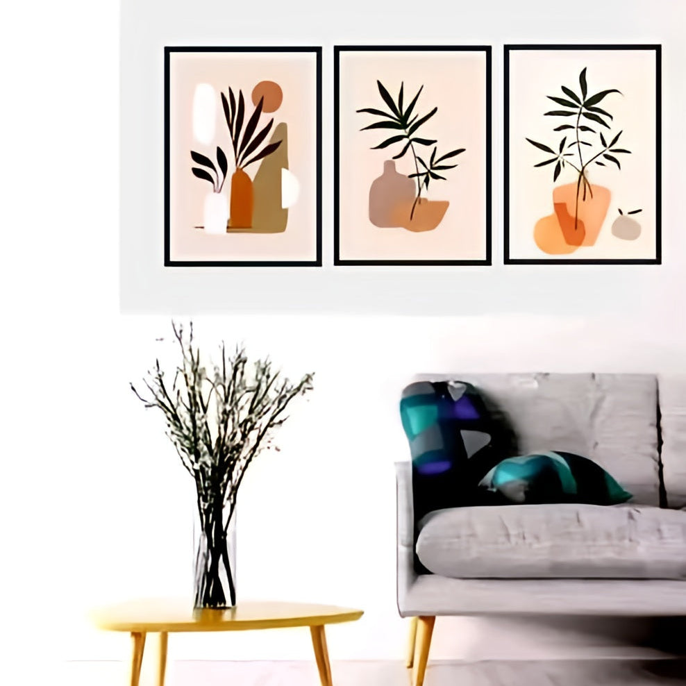 Boho Botanical Abstract Wall Art – Set of 3 Minimalist Earth Tone Framed Canvas Prints