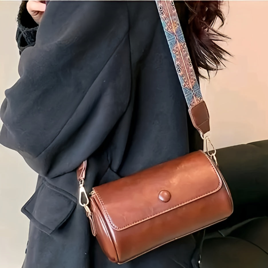 Artisan Cylindrical Crossbody – Mahogany Grain with Embroidered Strap