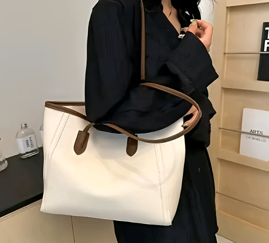 The Parisian Contrast Tote – Two-Tone Large Shoulder Bag with Charm