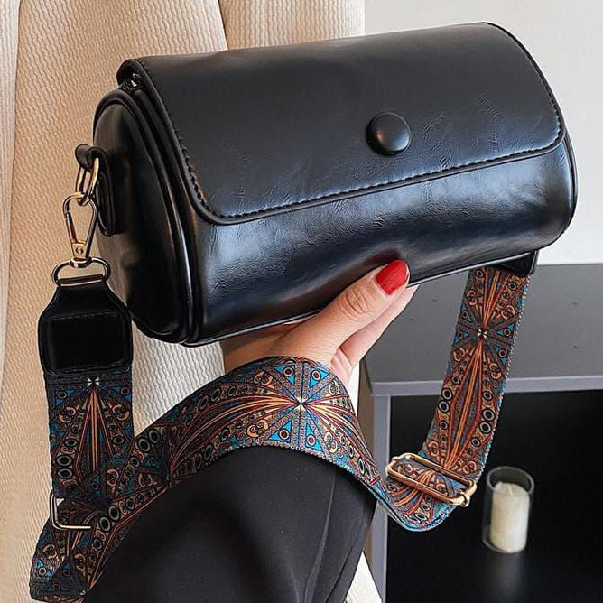 Artisan Cylindrical Crossbody – Mahogany Grain with Embroidered Strap