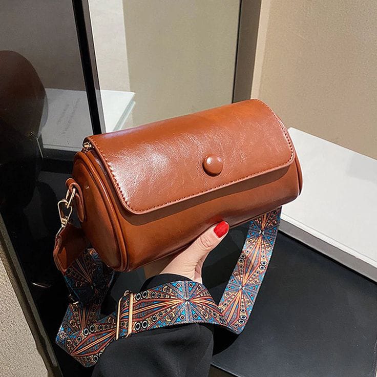 Artisan Cylindrical Crossbody – Mahogany Grain with Embroidered Strap