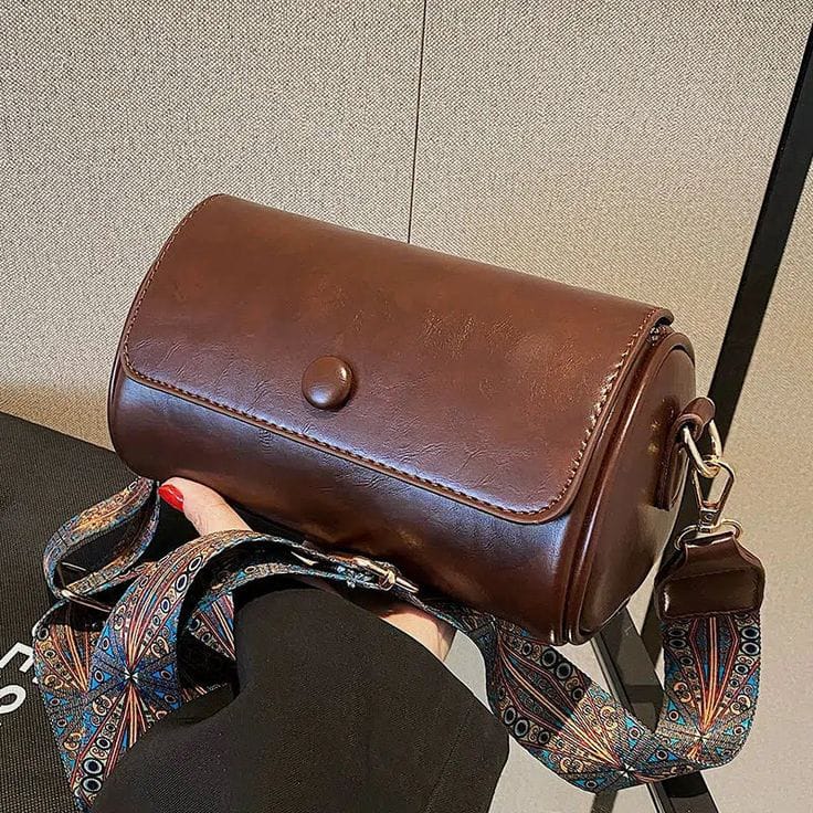 Artisan Cylindrical Crossbody – Mahogany Grain with Embroidered Strap