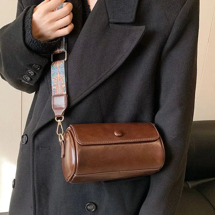 Artisan Cylindrical Crossbody – Mahogany Grain with Embroidered Strap